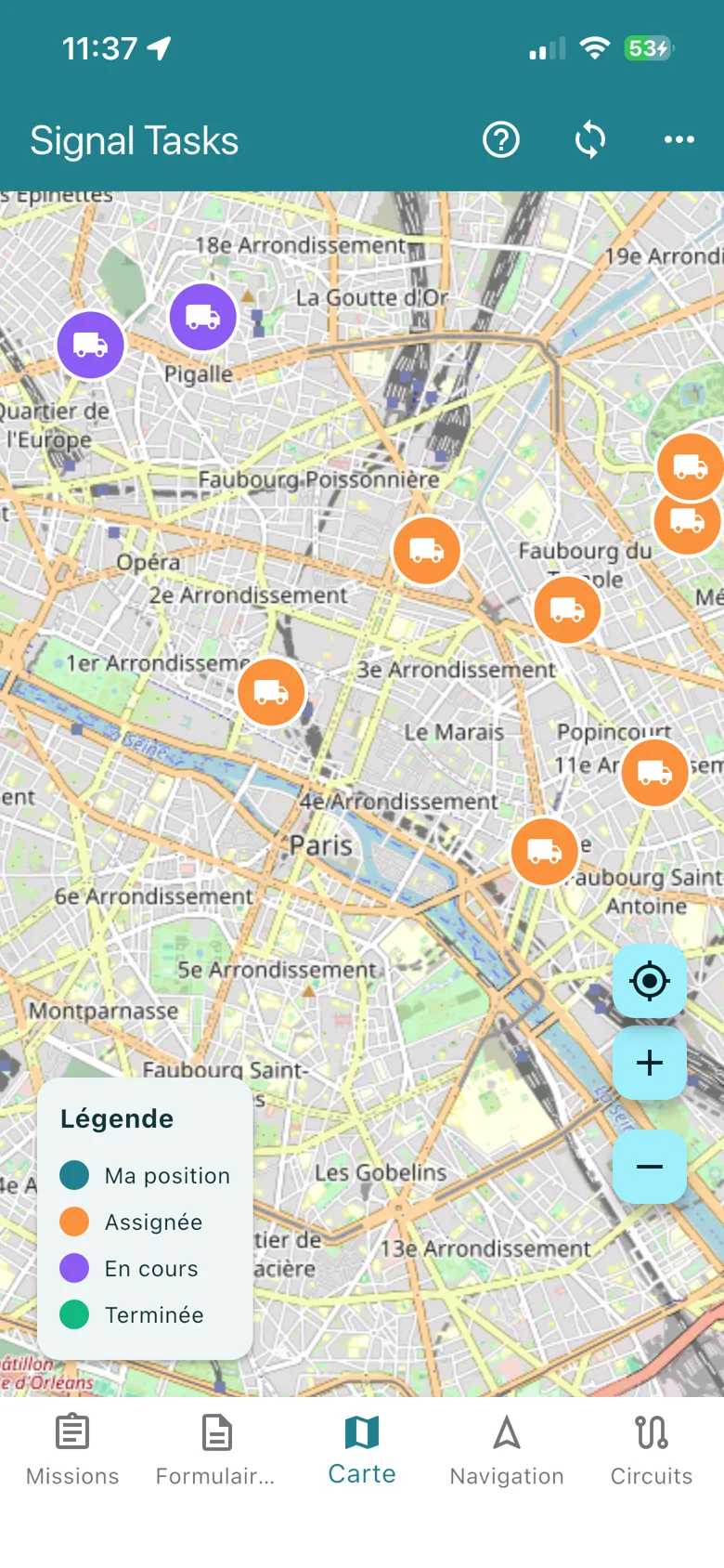 Signal Tasks : carte des missions de la journée