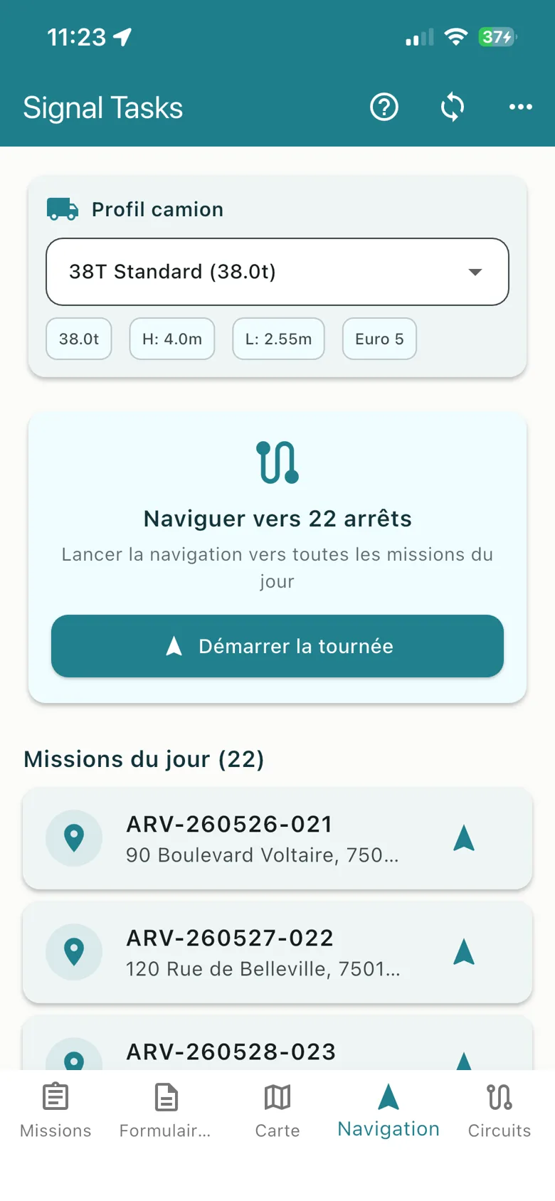 Signal Tasks : navigation avec profil camion 38 tonnes